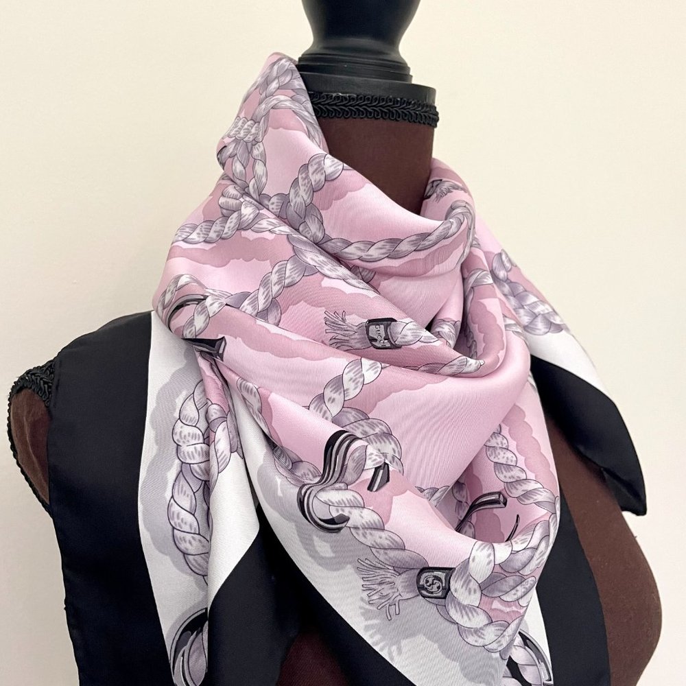 New Gucci Silk Scarf Pink Ropes Print Black Border Silk Wrap Scarf - Picture 14 of 15